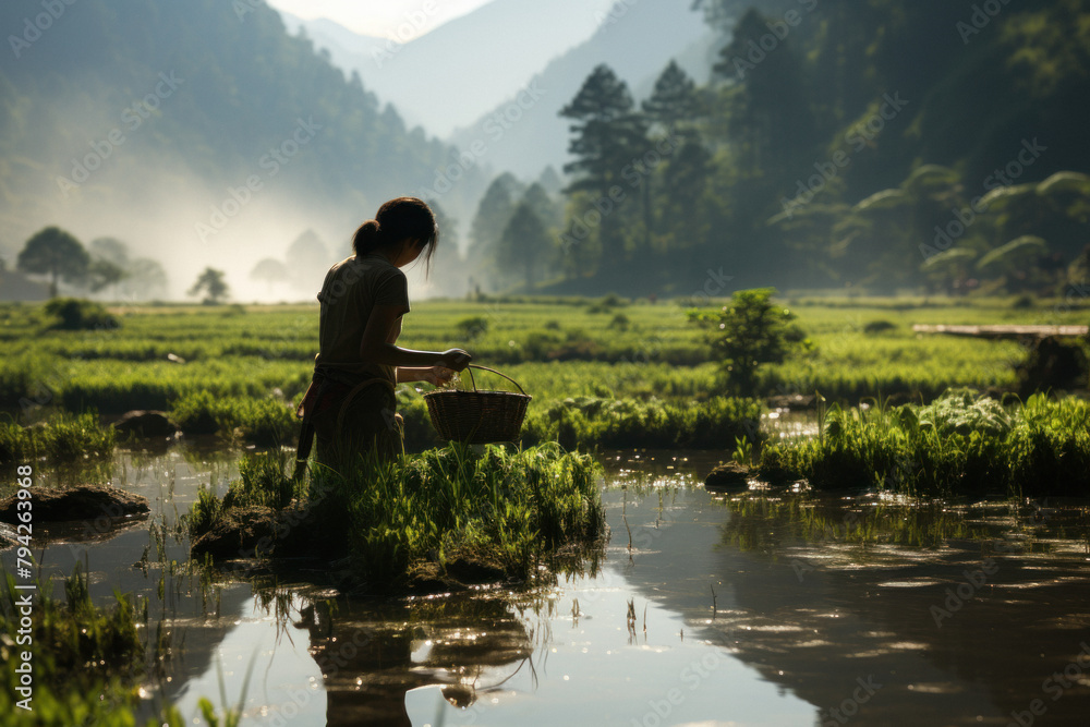 A working woman is engaged in growing rice in a field in water