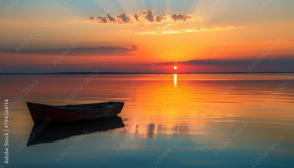   A small boat floats on a large body of water as the sun sets