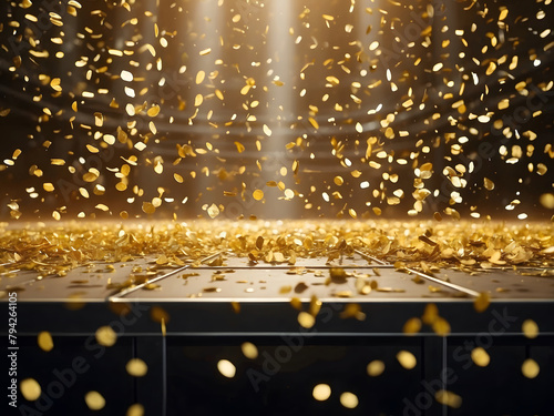 Beautiful golden confetti on empty festival stage design.