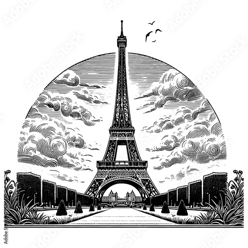 Eiffel Tower sketch engraving generative ai fictional character PNG illustration. Scratch board imitation. Black and white image.
