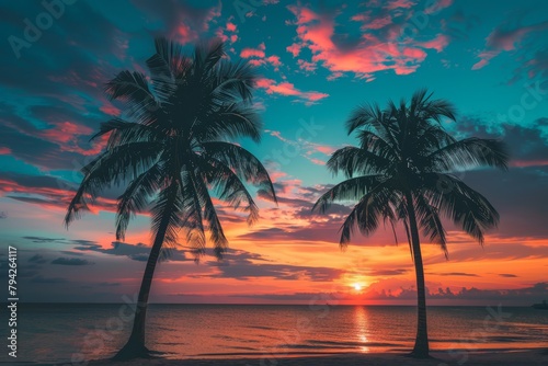   A few palm trees atop a blue-and-pink-hued beach  with the sun sinking in the distance