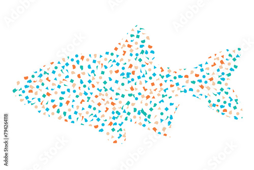Vector illustration concept of microplastic in oceans. Small plastic polluting the water, sea creatures are suffering . Ecology conservation and environmental issues problem.
