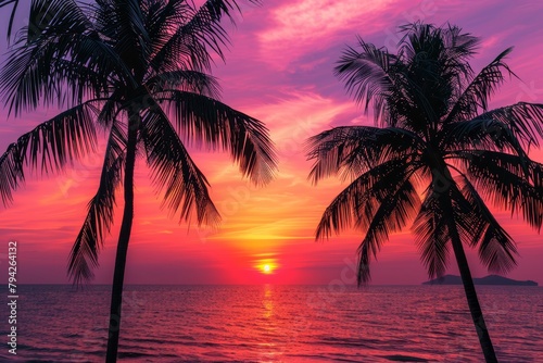   A few palm trees atop a beach  beneath a purpling and pinkening sky  as the sun sets in the distance