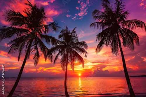   Three palm trees frame a sunset over a body of water A boat is anchored in the background