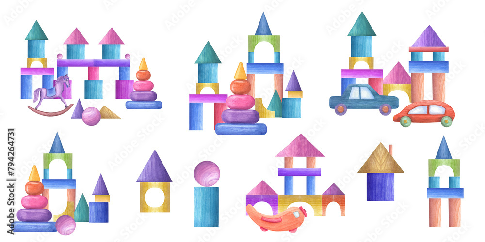 Set of wooden toys made from building bricks. Tangram geometric shapes. Towers, transports and animals. Multicolored kid blocks. Watercolor illustration for the design of baby cards