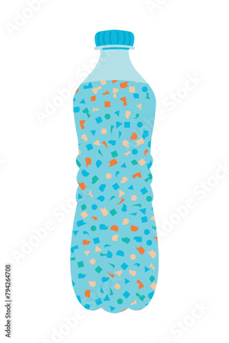 Micro plastic pollution concept. Microplastic in water. Environmental pollution by toxic waste. Toxic pieces in water bottle. Vector illustration isolated on white background