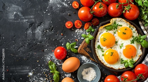  A pan filled with eggs and tomatoes on a wooden cutting board Nearby, a bowl holds salt and pepper