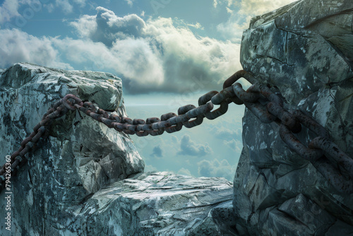 A chain is hanging over a cliff, with a chain link fence in the background photo
