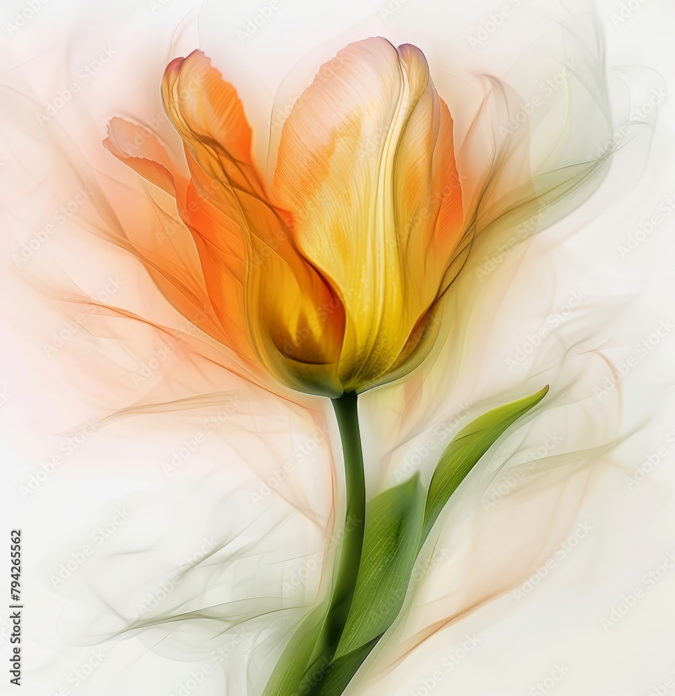   A tight shot of a yellow and orange bloom against a white backdrop Single flower depicted softly blurred in the background