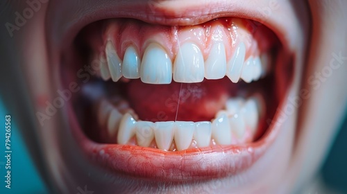   A tight shot of a child's mouth with a tooth having toothpaste applied photo