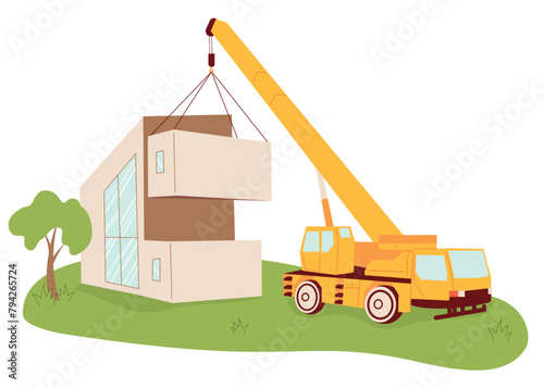 Modern house construction site scene. Process of building contemporary and environmentally friendly home in progress. New modular housing concept with builders and special engineering equipment