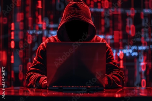  A hooded figure sits in a dimly lit room, the table before them bearing a laptop Surrounding them, an expanse of red and blue lights glows on the wall