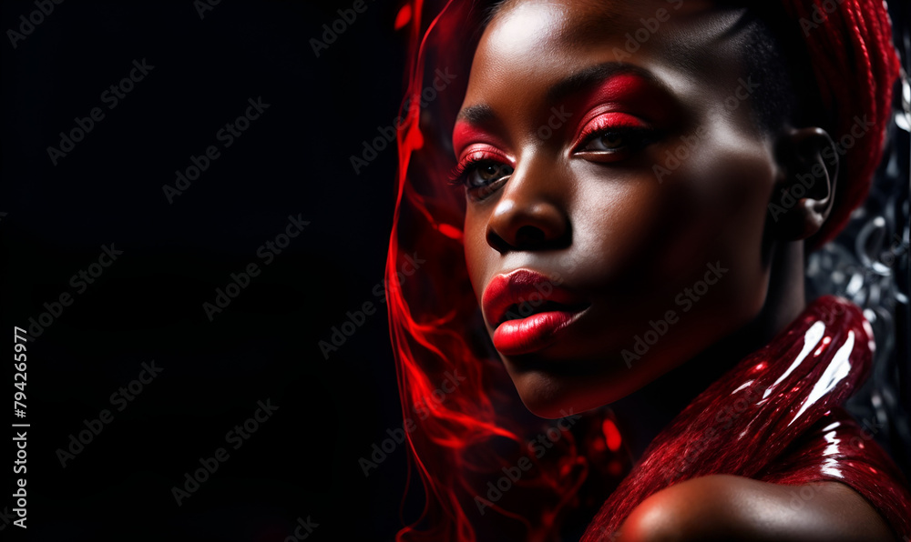 African american woman with red lipstick and eyeshadow, wearing a red scarf over her head. Copy space