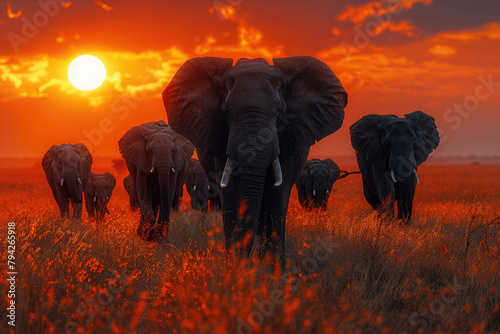 A herd of elephants is walking across the savannah at sunset, with their big ears and long tusks standing out against the vibrant red sky. Created with Ai © AllAbout
