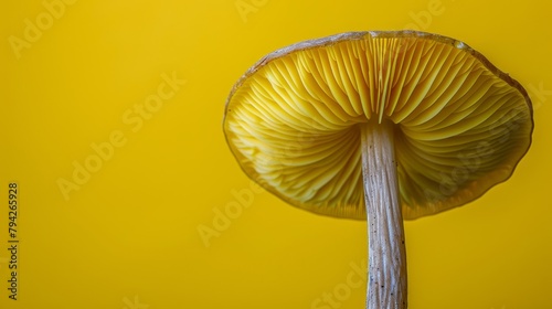  Close-up of a yellow mushroom on a stick against a yellow backdrop, with a droplet of water escaping from its peak