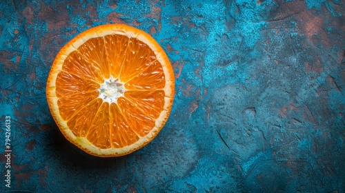   A halved orange atop a blue-black counter, nearby, a single fruit © Jevjenijs