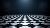   A black-and-white checkerboard floor, featuring a central spotlight, and an endpoint illuminated by a single, focused light