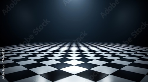   A black-and-white checkerboard floor, featuring a central spotlight, and an endpoint illuminated by a single, focused light photo