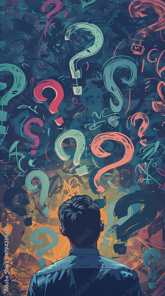 A man is looking at a wall full of questions A man is looking at a wall full of questions