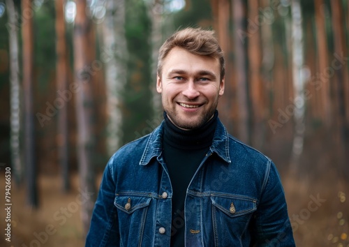  A happy man in a denim jacket stands before a grove of pine trees amidst a forest of tall, thin evergreens