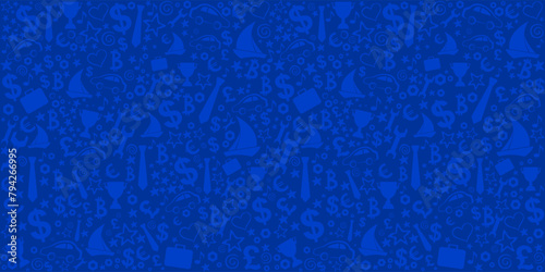 Happy father day. Blue seamless pattern with tie, eyeglasses, screwdriver, wrench, money, car, yacht, bitcoin, cup, icons. great for banners, wallpapers, cards, image covers. Vector illustration
