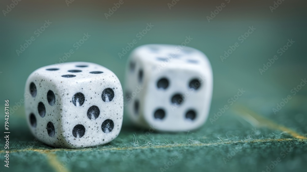Two white dice with black spots rest on a green table Behind them lies a yellow ruler or line Two white dice with black spots rest on a green table Behind them lies a yellow ruler or line