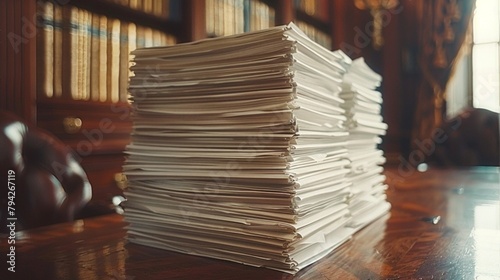 A towering stack of papers rests upon a warm wooden table, exuding an air of productivity and organization. photo