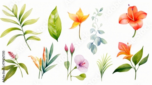 Artistic watercolor painting featuring vibrant spring flowers and green tropical leaves  set against a white backdrop  water color  drawing style  isolated clear background