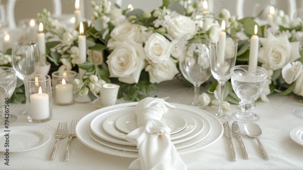 A tight shot of a table, draped in a pristine white cloth, adorned with an arrangement of white blossoms A tight shot of a table, draped in a pristine white cloth, adorned with an arrangement of white blossoms