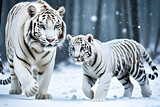 Majestic view of a tiger and a tiger cub, a fierce and beautiful white tiger walking on the snow in the mountains.