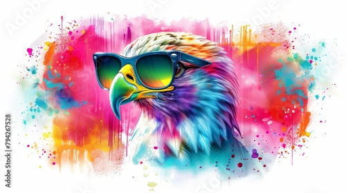 Bright and cheerful cartoon portrait of a eagle in sunglasses, featuring vivid colors on a white background photo