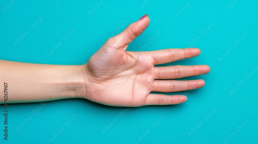   A tight shot of an arm against a blue backdrop, hand reaching out to the side