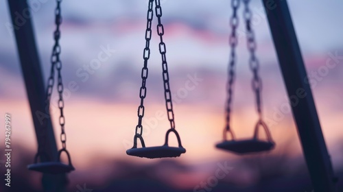 Soft defocused background of swaying swings their outline merging with the twilight sky. .