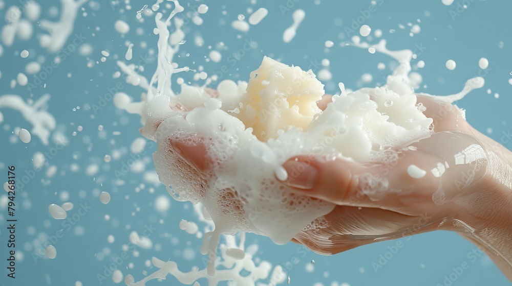 A hand, submerged up to the wrist, holds a frothy beverage against a backdrop of a tranquil blue lake Water droplets cascade and splash A hand, submerged up to the wrist, holds a frothy beverage against a backdrop of a tranquil blue lake Water droplets cascade and splash