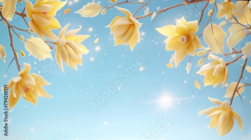   A tree branch adorned with yellow flowers against a blue sky backdrop  embellished with stars and snowflakes