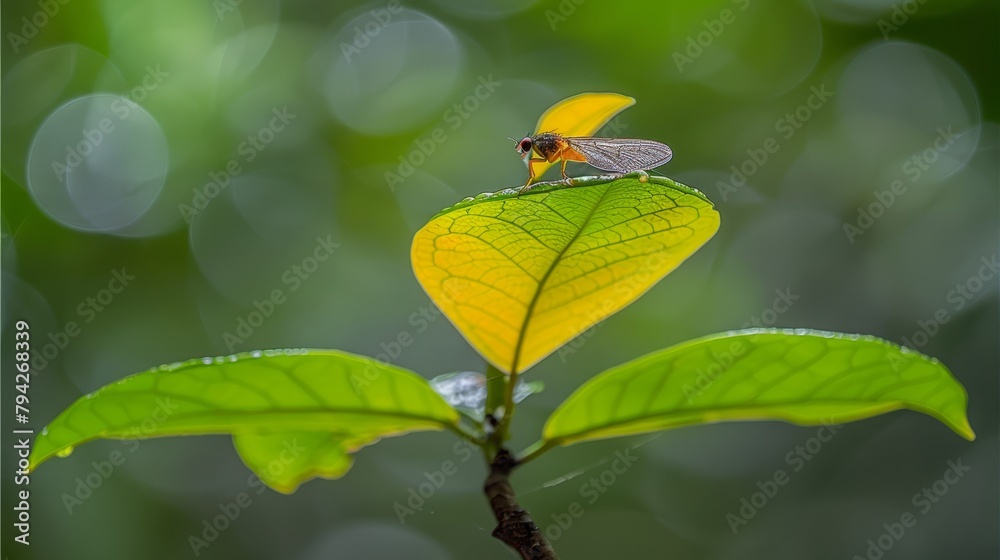 A fly perches atop a wet green leaf, above a lush plant teeming with numerous water droplets A fly perches atop a wet green leaf, above a lush plant teeming with numerous water droplets