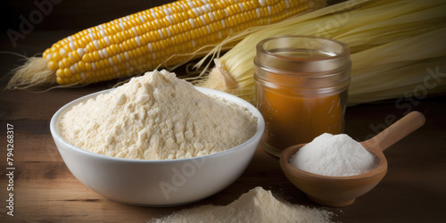 A bowl of cornmeal is on a table with corn on the cob. The corn is yellow and white