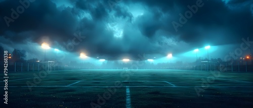 Soccer field lit up at night under cloudy skies ideal for training. Concept Night Soccer Training, Cloudy Skies, Soccer Field Lighting photo