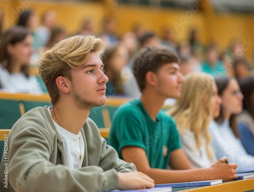 A group of students sit in a classroom, some of them looking at a board. Scene is one of focus and concentration, as the students are attentive to the lecture or presentation © MaxK