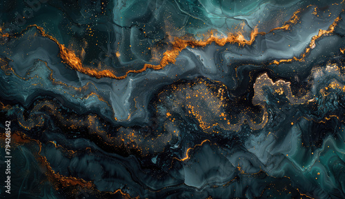 A dark teal and black abstract background with swirling patterns of gold, resembling an ancient ocean bed that has been painted by the sun's rays. Created with Ai