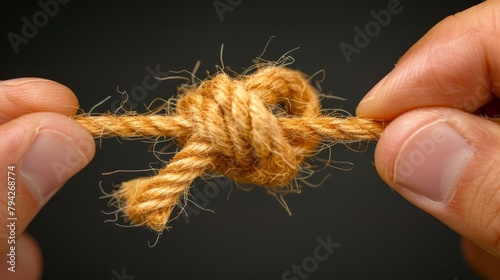   A tight shot of a hand clutching a string with a knotted end photo