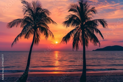   Two palm trees atop a sandy beach  bordering the tranquil ocean  as the sun sinks into the horizon