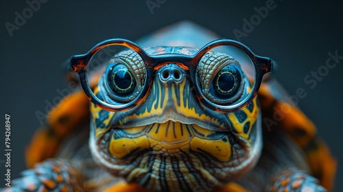 Close-up of a colorful turtle with a humorous touch, sporting round glasses
