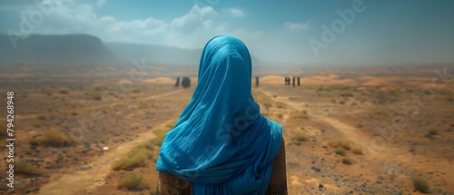 Portrait of a North African woman in a headscarf walking with others in the desert. Concept North African Culture, Traditional Attire, Desert Landscape, Communal Lifestyle, Empowering Women photo