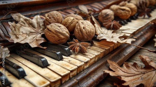  A tight shot of a piano keyboard adorned with leaves and nuts, a spider traversing its keys