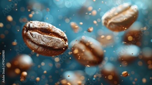  A close-up of a coffee bean suspended in the air, dripping with water, alongside drops hitting the ground below
