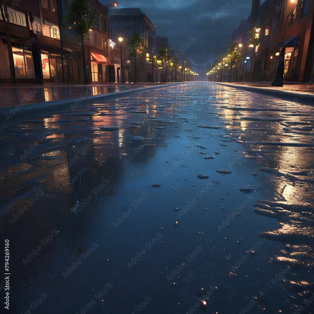 Rainy street in the city at night. 3D rendering.