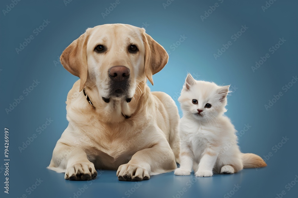 Peaceful scene of Labrador Retriever and white kitten exuding serenity and curiosity