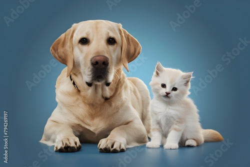 Peaceful scene of Labrador Retriever and white kitten exuding serenity and curiosity