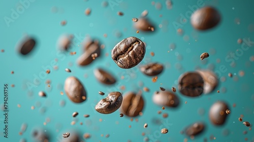   A cluster of coffee beans suspended in mid-air, dripping with water at their bases photo